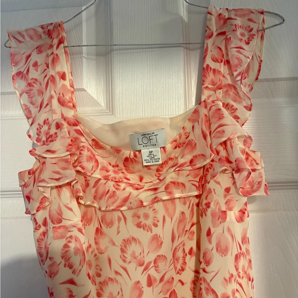 LOFT Cream Maxi Dress with Pink Floral Print and Ruffle Detail - Picture 2 of 2